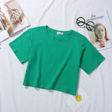 Summer Short Sleeve T Shirts Women Cotton Solid T-shirt O Neck High Waist Crop Top Tee Female Casual Loose T