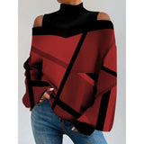 Women's Lantern Sleeves Geometric Print Tshirts Top Casual Loose Pullover High Neck T-shirt Roupas