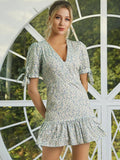 Tie-Cuff Puff Sleeve Ruffle Hem
