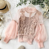 Women Tops Fashion Sexy Sheer Lace Blouse Lantern Sleeve 3D Floral Blouses Shirts Elegant Top Blusas