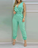 Fashion Sleeveless Playsuits With Belt 2024 Spring/Summer New V-neck Backless Printed High Waist Jumpsuit For