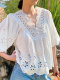 Embroidery Art White Top Women's Sleeves Holiday Blouse Women's Niche Design Women's Shirt