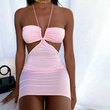 Graduation party Summer Dress Solid Color Backless Hollow Out Halter Neck 2022 New Sleeveless Mini Skirts Party Club Bodycon Dress Women
