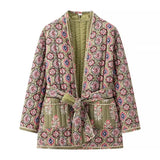 Green Flower Print V neck Quilted Jacket Ethnic Women Tie Bow Sashes Quilting Full Sleeve Coat BOHO Midi Outerwear-Outfit