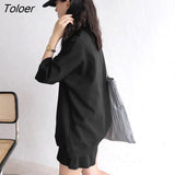 Women Sets Solid 2 Piece O-Neck Three Quarter Sleeve T-shirts Drawstring Loose Shorts Casual Stylish Korean Style Summer