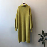 Women's Turtleneck Roll Collar Lantern Sleeve Sweater Dress White Purple 2022 Winter High Neck Loose Relaxed Knitted