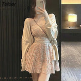 Women Casual Sweet Cardigan Bandage Pleated Mini Floral Dresses Sleeveless Design Elegant Spring Retro Ladies Chic