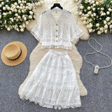 Court Style Lace Lace Hollow Hook Short Blouse High-Waisted Lace Spliced Skirt