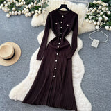 Small Fragrant High-Grade Metal Buckle Waist Dress Women 2025 Autumn Thin Temperament Hollow Knitted Long