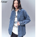 Women Denim Jacket 2022 Autumn Long Sleeve Polo Neck Loose Shirts White Jacquard Denim Blue Casual Streetwear