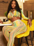 Fall Streetwear 2 Two Piece Set Outfits Women Long Sleeve Button Crop Top Skinny Pants Mesh Print Tracksuit Matching