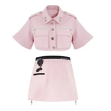 Solid Two Piece Set Womens Lapel Long Sleeve Tops High Waist Mini Skirts Patchwork Floral Sets Female Clothing