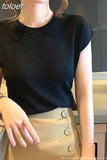 Ice Silk Shirt Knitwear Women's 2023 Summer Office T-Shirt Versatile Solid Top for Clothing Elegant Outwear