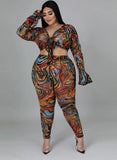 Print Party Sexy Knotted Crop Top and Pants Plus Size Two Piece