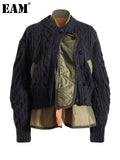 Loose Fit Blue Green Knitting Irregular Jacket New Stand Collar Long Sleeve Women Coat Fashion Spring Autumn 2023