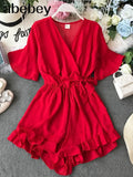 Ruffled Women Playsuits Elastic High Waist Bow Female Jumpsuit Romper Butterfly Sleeve Short Overalls for