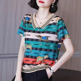 for Women 2023 Printed Short Sleeve Summer New V-neck Striped Fashion Tees Pullover Casual Elegant Tops-Outfit
