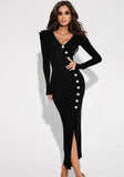 Black Formal V-Neck Front Slit Long Sleeve Slim Evening