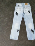 New Crowne Loose Printed Jeans Cross Leisure Straight Tube Loose White Washed Trousers-Outfit