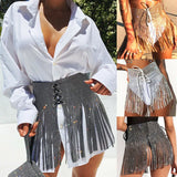 Sequin Tassel Metal Mini Skirt Wrap Festival Party Club Beach Bikini Skirt Fringe High Waist Skirts Womens A Line