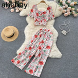 Women Summer Bohemian Floral Set Puff Sleeve Short Tops+High Waist Pleated Wide Leg Long Pants Two Pieces