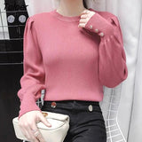 Elegant Puff Sleeve Sweaters Women Autumn Winter Metal Buttons Knitted Pullovers Woman 2023 Solid Color Women's