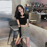 Street Short Sleeve T-shirt Women Harajuku Summer Hollow Out Slim Design Ins Korean Style Above Navel Cropped Top All-match-Outfit