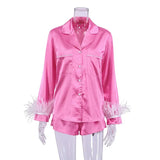 Wear Women Soft Feather Home Suit Button Up Top Slim Pants Two Piece Set 2022 Casual Pajama Elegant Lady Homewear
