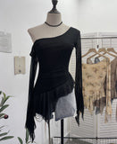 Tie Tie Net Yarn Oblique Shoulder Babes Sexy Body-On-Sleeve Horn Irregular Top