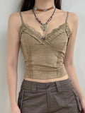 Lace Mini Vest Women Spaghetti Strap Khaki Crop Top Women Harajuku Basic Casual Sweats Vintage Chic Camis Summer-Outfit