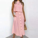 Casual White Solid Women Skirt Set Sleeveless Crop Tops And Button Pockets Long Skirts Ladies Suit Summer Beach Style