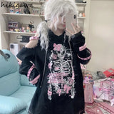 Hoodies Women Streetwear Fashion Y2k Tops Clothes for Teens Cat Hooded Skull Print Casual Off Shoulder Sweatshirts-Outfit