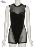 Sisterlinda Sexy See Through Mesh Patchwork Rompers Women Sleeveless Elastic Workout Velvet Overalls Activity Midnight