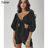 Cotton Linen 2 Pieces Women's Suits V-Neck Cross Lace Up Lantern Sleeve Crop Top Summer Outifit Elastic Waist Shorts