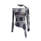 Long-Sleeved Irregular Design Small T-Shirt Women's Autumn Dress Print Hollow Tight Hottie Top