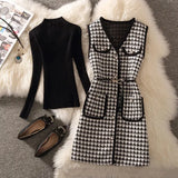 plaid Mid-Length Tweed Vest Jacket with belt Casual Long Waistcoat And Knitted Sweater Elegant 2 Piece Set Women Outfits 703-1-Outfit