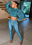 Colorful Striped Puff Sleeve Crop Top and Pants 2pc