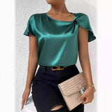 Summer Satin Short-Sleeved Satin Kink Solid Color Loose All Kinds Of Top Girls-Outfit