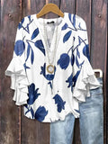 Creative Flower Element 3D Printed Casual Trend V-Necked Lace
