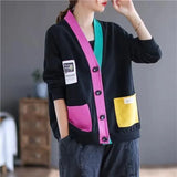 V-Neck Cardigan Stylish Streetwear Single-breasted Casual Solid Color Patchwork Contrasting Colors Autumn Winter Sweaters-Outfit