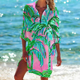 Women Printed Blouse Long Top Tunics Cardigan Half Sleeved Loose Beach Wear Swimwear Ladies Dresses Shirts Button 2023-Outfit