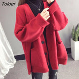 Women Autumn Solid Thicker Warm V-neck Pockets Loose Womens Sweater Ins Simple All-match Knit Tops 4-colors Korean