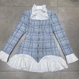Sexy Two Piece Set Womens Square Collar Long Sleeve Tops High Waist Mini Skirts Ruffle Trim Colorblock Sets