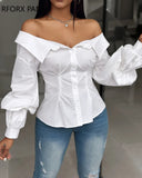 Women Chic Solid Off Shoulder Button Long Sleeves Casual Blouses Tops-Outfit