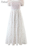 Spring Summer Women's Sweet French Vintage Romantic Fairy Slash Neck Puff Sleeves Floral Elastic Slim Dress Women