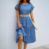 Fashion Casual Pure Color Simple Round Neck Short Sleeve Long Dress Woman Without