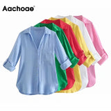 Women Solid Shirts Long Sleeve Turn Down Collar Solid Office Lady Shirts Candy Color Casual Loose Tops Chemise