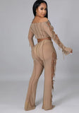 Sexy Hollow Out Bandage Off Shoulder Long Sleeve Crop Top and Pant