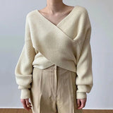 Party Sannian Autumn Women Sweater Simple V-neck Crossover Design Sense Versatile Loose Casual Solid Color Knit Sweater Ladies