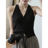 Women's V-Neck Button Solid Color Sleeveless Cardigan Sweater Knitted Tanks Camis Casual Clothing Standard Commute Tops-Outfit